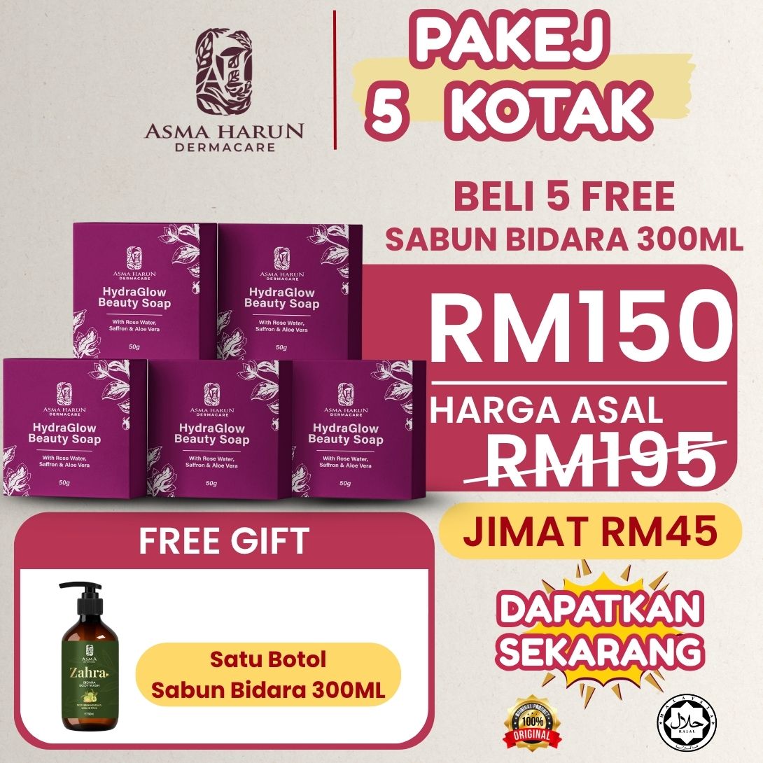 HydraGlow Beauty Soap – Pakej 5 Kotak (Free Sabun Bidara 300ML)